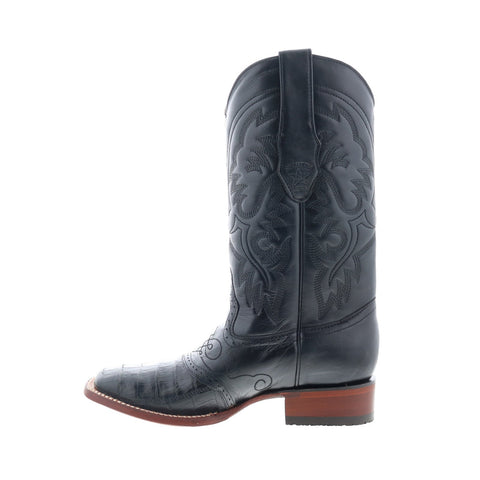 Los Altos Square Toe Caiman Belly Saddle Mens Black Wide Cowboy Western Boots