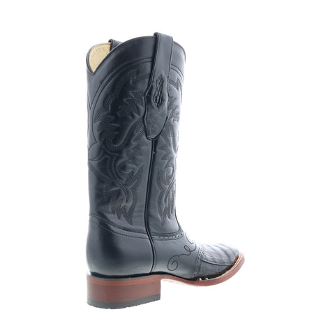 Los Altos Square Toe Caiman Belly Saddle Mens Black Wide Cowboy Western Boots