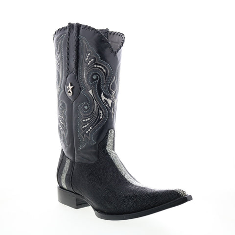 Los Altos 3X Toe Polished Stingray Mens Black Wide Cowboy Western Boots