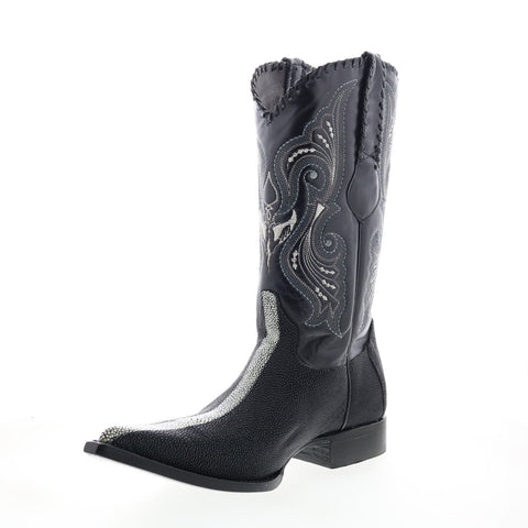 Los Altos 3X Toe Polished Stingray Mens Black Wide Cowboy Western Boots