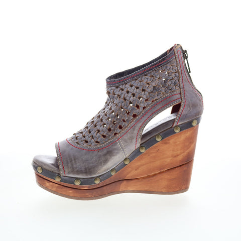 Bed Stu Odette F399031 Womens Gray Leather Zipper Wedges Sandals Shoes