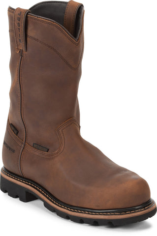 Justin Boots Pulley Waterproof Round Steel Toe Cowhide Mens Brown Work Boots