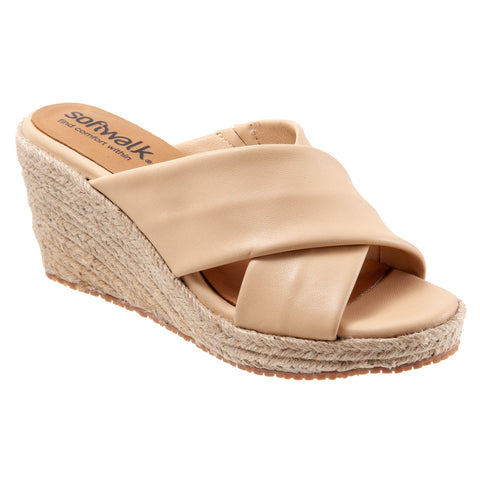 Softwalk Halsey S2206-131 Womens Brown Leather Slip On Wedges Sandals Shoes