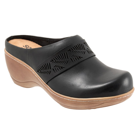 Softwalk Melita S2412-001 Womens Black Leather Slip On Clog Flats Shoes