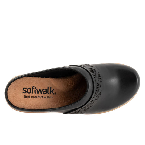 Softwalk Melita S2412-001 Womens Black Leather Slip On Clog Flats Shoes