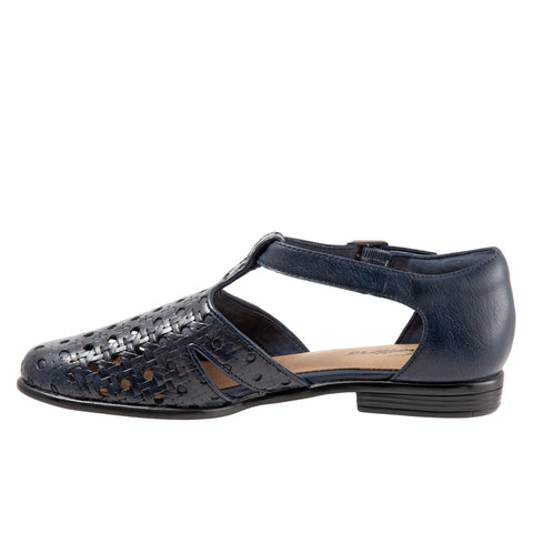 Trotters Leatha Open Weave T1908-400 Womens Blue Narrow Strap Sandals Shoes