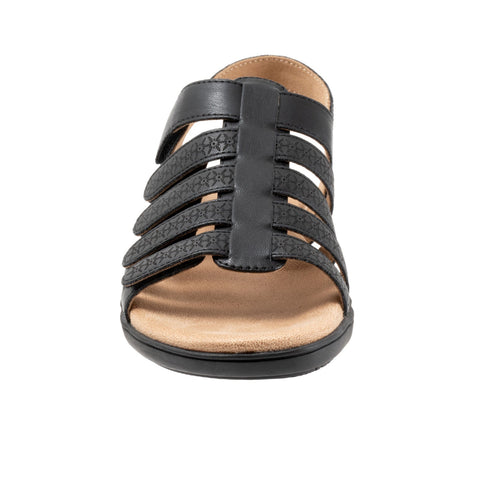 Trotters Tiki Laser T2322-001 Womens Black Wide Leather Strap Sandals Shoes
