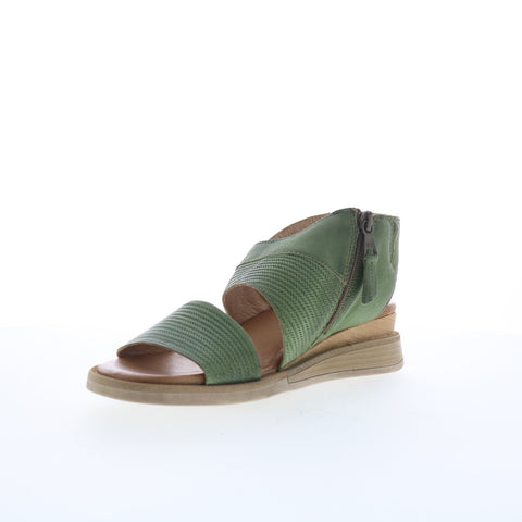 Miz Mooz Cece Womens Green Leather Zipper Wedges Sandals Shoes