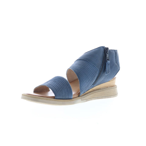 Miz Mooz Cece Womens Blue Leather Zipper Wedges Sandals Shoes