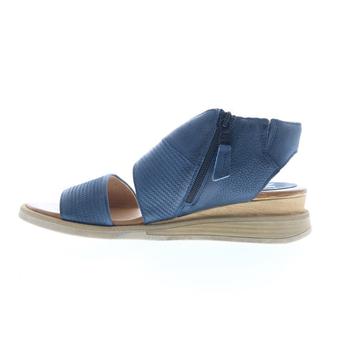 Miz Mooz Cece Womens Blue Leather Zipper Wedges Sandals Shoes