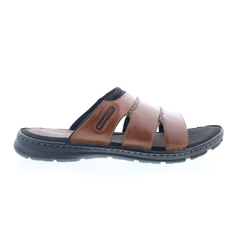 Rockport Darwyn CI9181 Mens Brown Leather Slip On Slides Sandals Shoes