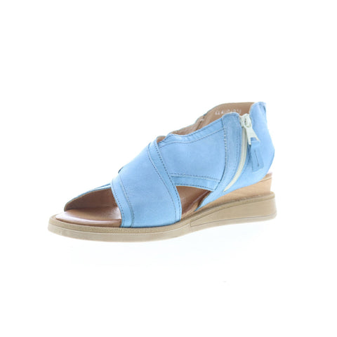 Miz Mooz Claudio Womens Blue Leather Zipper Wedges Sandals Shoes