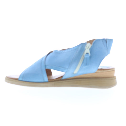Miz Mooz Claudio Womens Blue Leather Zipper Wedges Sandals Shoes