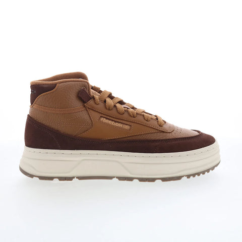 Reebok Club C Geo Mid Womens Brown Leather Lace Up Lifestyle Sneakers Shoes