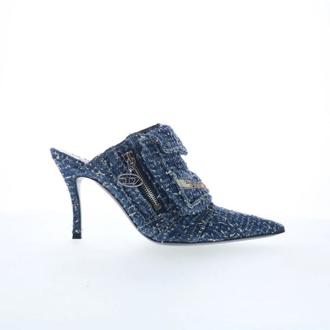 Diesel D-Venus Pocket Ml Womens Blue Canvas Lace Up Mules Heels Shoes