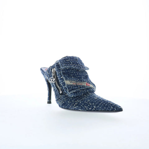 Diesel D-Venus Pocket Ml Womens Blue Canvas Lace Up Mules Heels Shoes