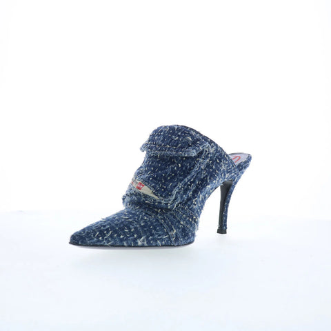Diesel D-Venus Pocket Ml Womens Blue Canvas Lace Up Mules Heels Shoes