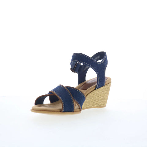 Clarks Emmalae Iris 26181666 Womens Blue Wide Canvas Wedges Sandals Shoes