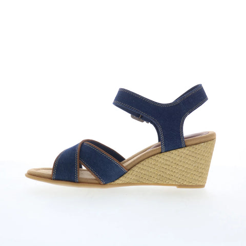 Clarks Emmalae Iris 26181666 Womens Blue Wide Canvas Wedges Sandals Shoes