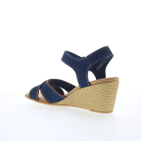 Clarks Emmalae Iris 26181666 Womens Blue Wide Canvas Wedges Sandals Shoes