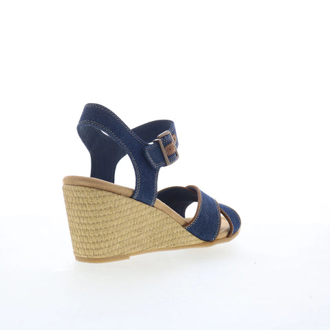 Clarks Emmalae Iris 26181666 Womens Blue Wide Canvas Wedges Sandals Shoes