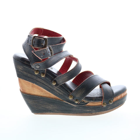 Bed Stu Juliana F374002 Womens Black Leather Slip On Wedges Sandals Shoes