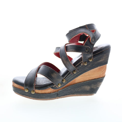 Bed Stu Juliana F374002 Womens Black Leather Slip On Wedges Sandals Shoes