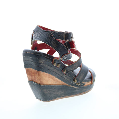 Bed Stu Juliana F374002 Womens Black Leather Slip On Wedges Sandals Shoes