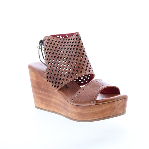 Bed Stu Enid F376011 Womens Brown Leather Slip On Wedges Sandals Shoes