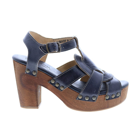 Bed Stu Caitlin F376002 Womens Blue Leather Hook & Loop Heeled Sandals Shoes
