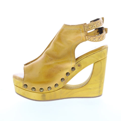 Bed Stu Imelda F399012 Womens Yellow Leather Hook & Loop Wedges Heels Shoes