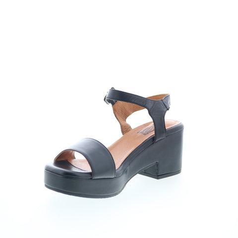 Miz Mooz Gillie Womens Black Leather Hook & Loop Heeled Sandals Shoes