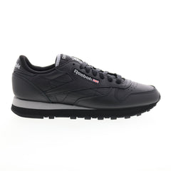 Reebok Classic Leather Mens Black Leather Lace Up Lifestyle Sneakers Shoes