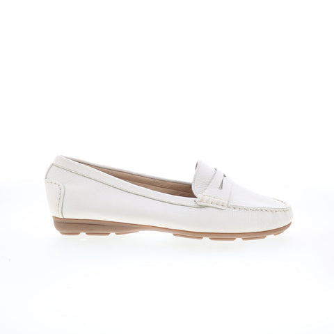 Hush Puppies Renita Penny H509348 Womens White Leather Loafer Flats Shoes