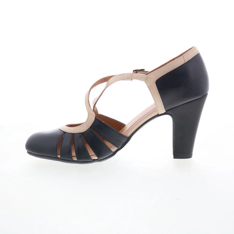 Miz Mooz Jada Womens Black Leather Hook & Loop Strap Heels Shoes