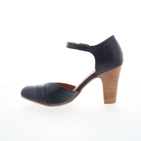 Miz Mooz Jay Womens Black Leather Hook & Loop Strap Heels Shoes