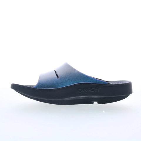Oofos Luxe 1101 Womens Silver Synthetic Slip On Slides Sandals Shoes