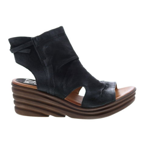 Miz Mooz Anna Womens Black Leather Zipper Wedges Sandals Shoes