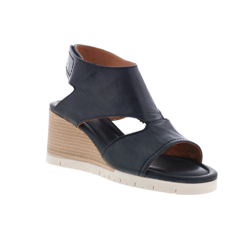 Miz Mooz Meredyth Womens Black Leather Strap Wedges Sandals Shoes