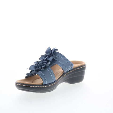 Clarks Merliah Raelyn 26177414 Womens Blue Leather Slides Sandals Shoes