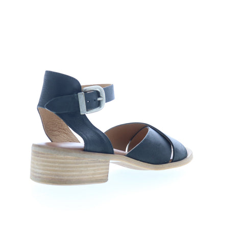 Miz Mooz Moe Womens Black Leather Hook & Loop Heeled Sandals Shoes