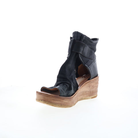 A.S. 98 Naya Womens Black Leather Hook & Loop Wedges Sandals Shoes
