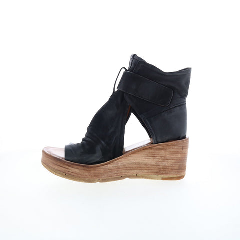 A.S. 98 Naya Womens Black Leather Hook & Loop Wedges Sandals Shoes