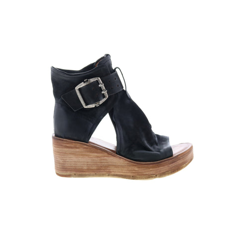 A.S. 98 Naya Womens Black Leather Hook & Loop Wedges Sandals Shoes