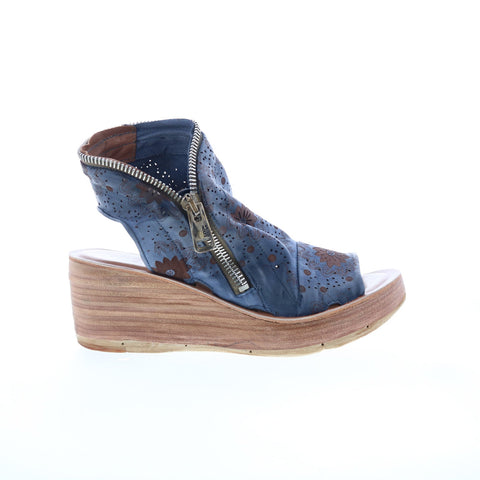 A.S. 98 Naylor Floral Womens Blue Leather Zipper Wedges Sandals Shoes