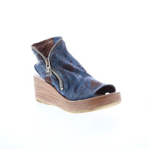 A.S. 98 Naylor Floral Womens Blue Leather Zipper Wedges Sandals Shoes