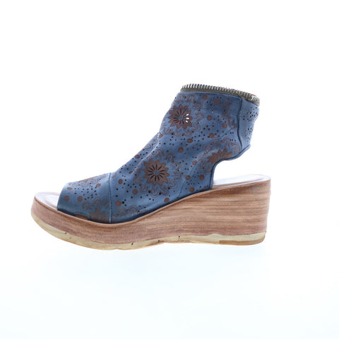 A.S. 98 Naylor Floral Womens Blue Leather Zipper Wedges Sandals Shoes