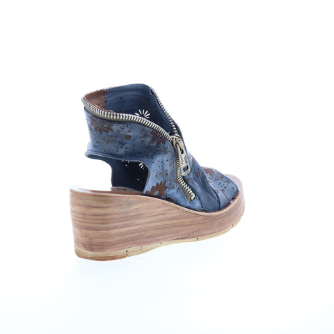 A.S. 98 Naylor Floral Womens Blue Leather Zipper Wedges Sandals Shoes