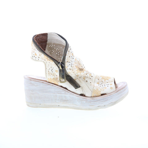 A.S. 98 Naylor Floral Womens Beige Leather Zipper Wedges Sandals Shoes