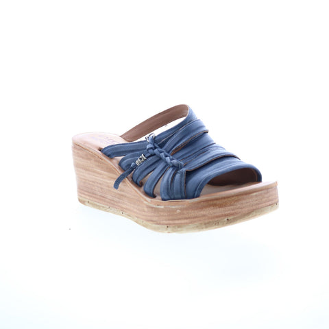 A.S. 98 Nicolls Womens Blue Leather Slip On Wedges Sandals Shoes